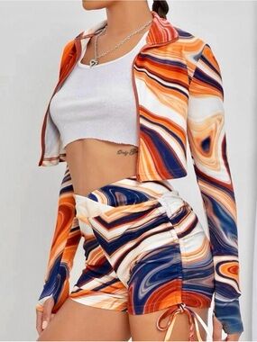 Marble Swirl Two-Piece Set in Orange, Navy & White